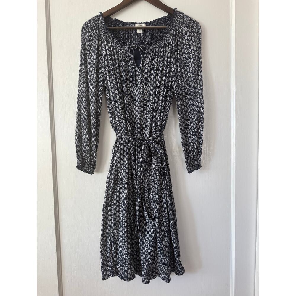 Caslon Navy Blue Ditsy Floral Midi 3/4 Sleeve Belted Dress Sz XS Cottage Indie